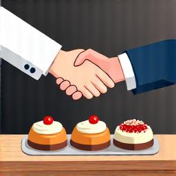 Symbol für Partnerschaft, Hände reichen sich über eine Konditortheke mit Gebäck